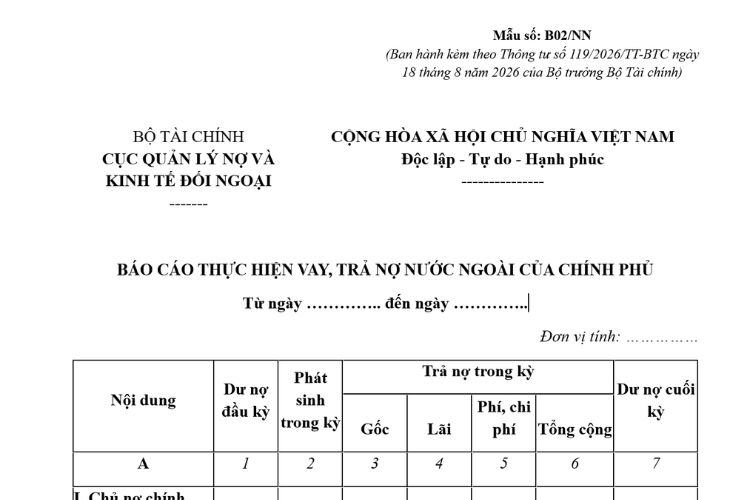 Mẫu Báo cáo thực hiện vay, trả nợ nước ngoài của Chính phủ (Mẫu số: B02/NN)