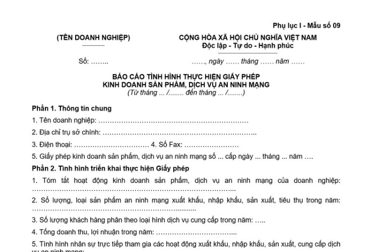 Mẫu Báo cáo tình hình thực hiện giấy phép kinh doanh sản phẩm, dịch vụ an ninh mạng 2 Mẫu Báo cáo tình hình thực hiện giấy phép kinh doanh sản phẩm, dịch vụ an ninh mạng