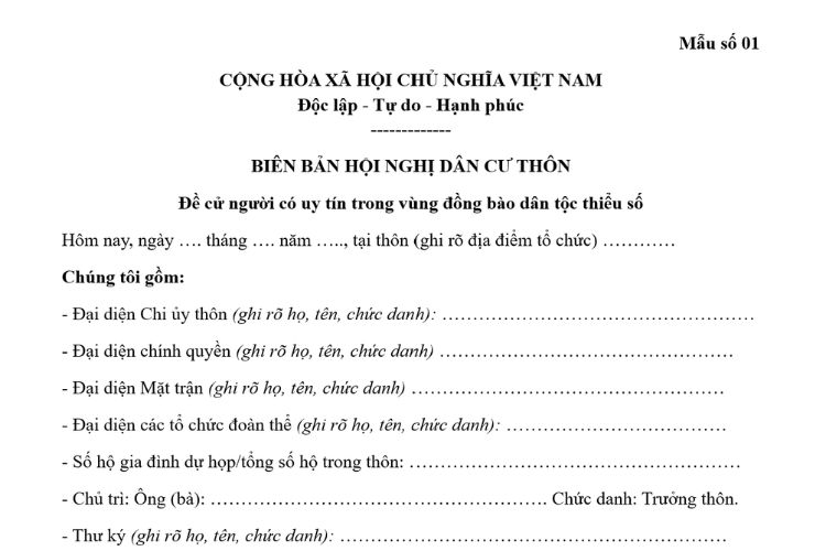 Mẫu Biên bản hội nghị dân cư thôn đề cử người có uy tín trong vùng đồng bào dân tộc thiểu số 2 Mẫu Biên bản hội nghị dân cư thôn đề cử người có uy tín trong vùng đồng bào dân tộc thiểu số