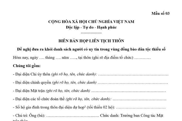 Mẫu Biên bản họp liên tịch thôn đề nghị đưa ra khỏi danh sách người có uy tín trong vùng đồng bào dân tộc thiểu số 2 Mẫu Biên bản họp liên tịch thôn đề nghị đưa ra khỏi danh sách người có uy tín trong vùng đồng bào dân tộc thiểu số