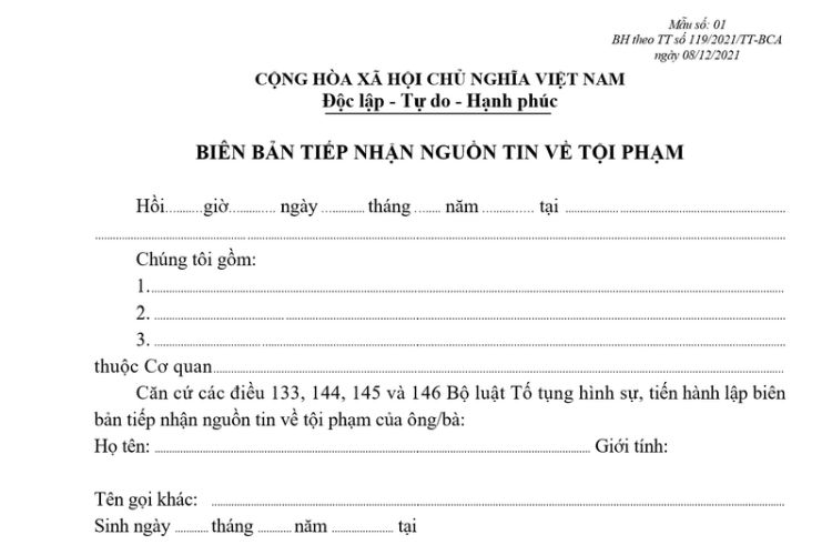 Mẫu Biên bản tiếp nhận nguồn tin về tội phạm 2 Mẫu Biên bản tiếp nhận nguồn tin về tội phạm