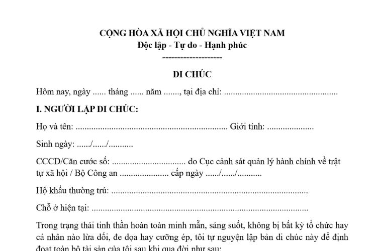 Mẫu Di chúc hợp pháp mới nhất 2026 2 Mẫu Di chúc hợp pháp mới nhất 2026