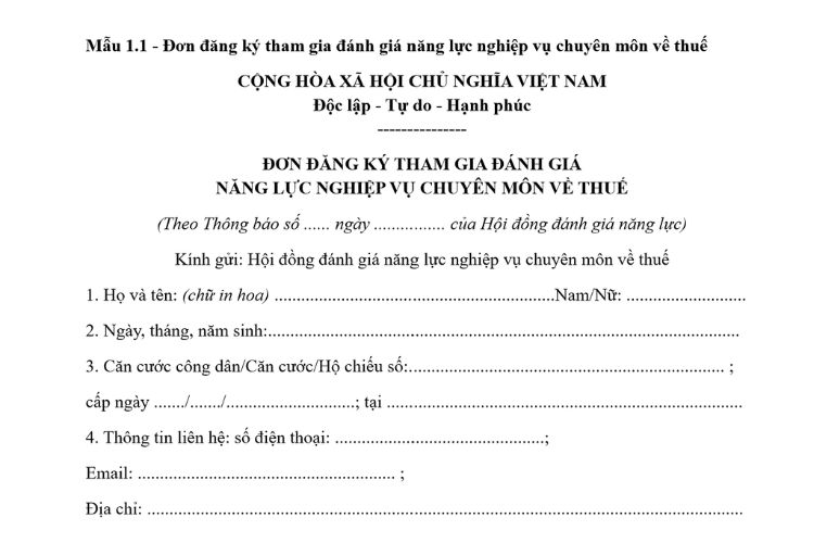 Mẫu Đơn đăng ký tham gia đánh giá năng lực nghiệp vụ chuyên môn về thuế