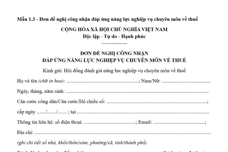Mẫu Đơn đề nghị công nhận đáp ứng năng lực nghiệp vụ chuyên môn về thuế
