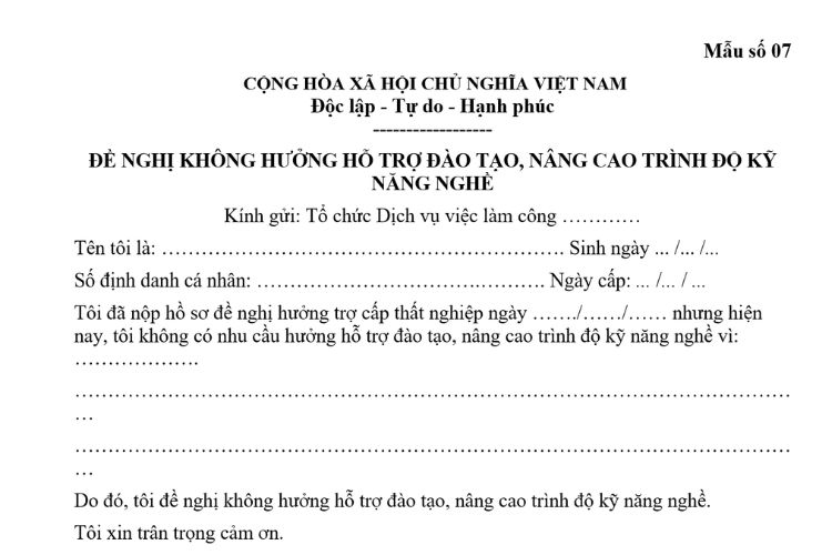 Mẫu Đơn đề nghị không hưởng hỗ trợ đào tạo, nâng cao trình độ kỹ năng nghề