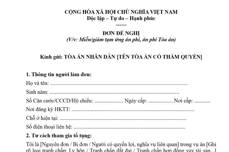 Mẫu Đơn đề nghị miễn/giảm tạm ứng án phí, án phí Tòa án 2 Mẫu Đơn đề nghị miễn/giảm tạm ứng án phí, án phí Tòa án