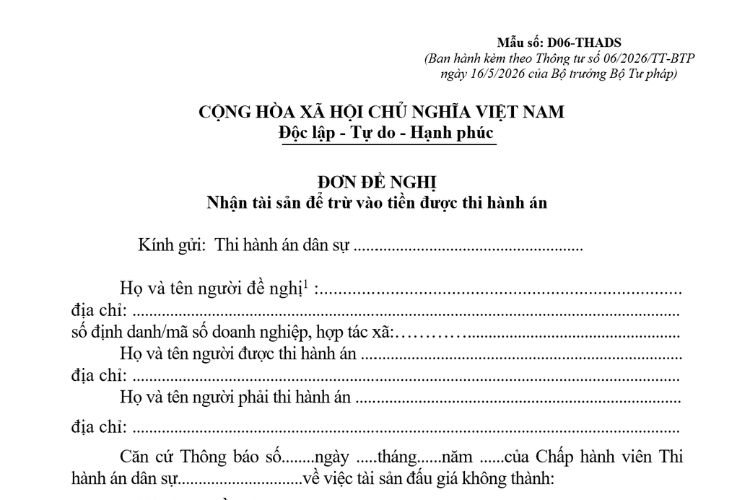 Mẫu Đơn đề nghị nhận tài sản để trừ vào tiền được thi hành án