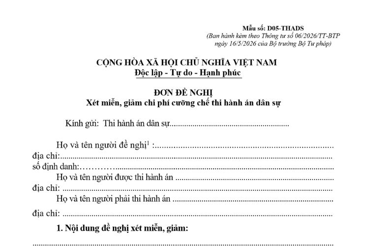 Mẫu Đơn đề nghị xét miễn, giảm chi phí cưỡng chế thi hành án dân sự 2 Mẫu Đơn đề nghị xét miễn, giảm chi phí cưỡng chế thi hành án dân sự