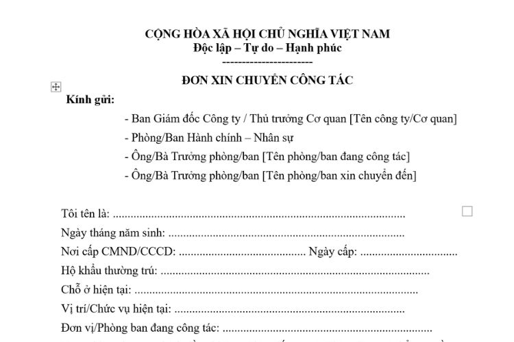 Mẫu Đơn xin chuyển công tác mới nhất 2 Mẫu Đơn xin chuyển công tác mới nhất