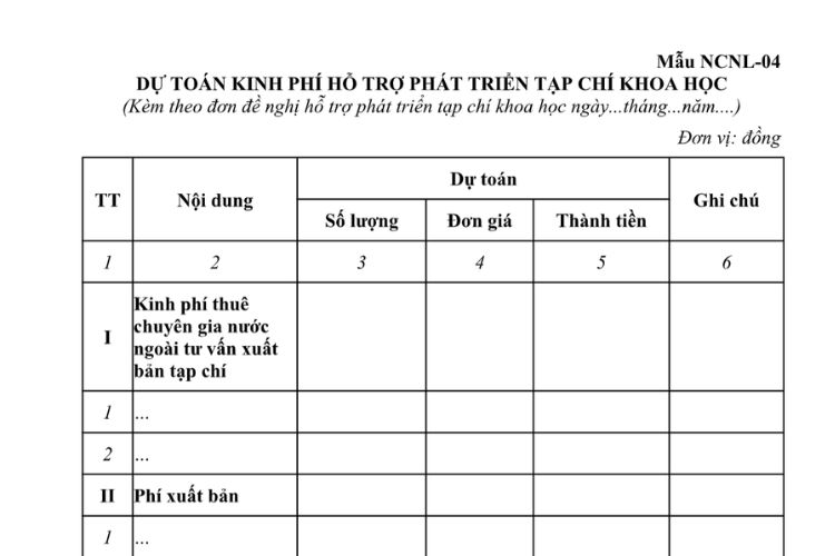 Mẫu Dự toán kinh phí đề nghị hỗ trợ phát triển tạp chí khoa học 2 Mẫu Dự toán kinh phí đề nghị hỗ trợ phát triển tạp chí khoa học
