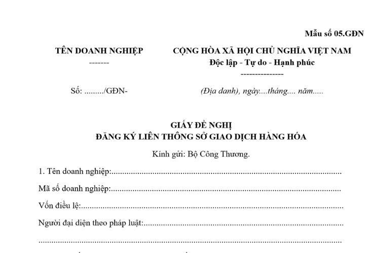 Mẫu Giấy đề nghị đăng ký liên thông Sở giao dịch hàng hóa