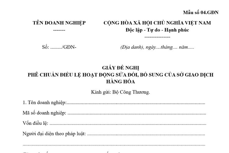 Mẫu Giấy đề nghị phê chuẩn Điều lệ hoạt động sửa đổi, bổ sung của Sở giao dịch hàng hóa 2 Mẫu Giấy đề nghị phê chuẩn Điều lệ hoạt động sửa đổi, bổ sung của Sở giao dịch hàng hóa