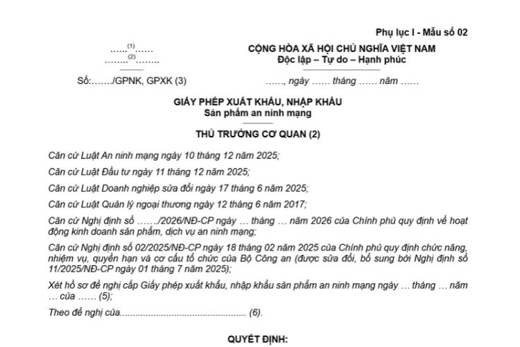 Mẫu Giấy phép xuất khẩu, nhập khẩu sản phẩm an ninh mạng 2 Mẫu Giấy phép xuất khẩu, nhập khẩu sản phẩm an ninh mạng