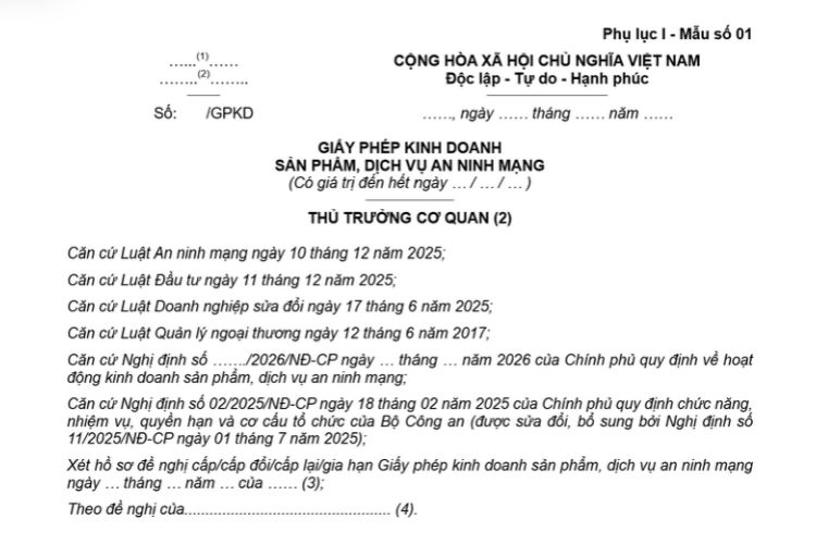 Mẫu Giấy phép kinh doanh sản phẩm, dịch vụ an ninh mạng