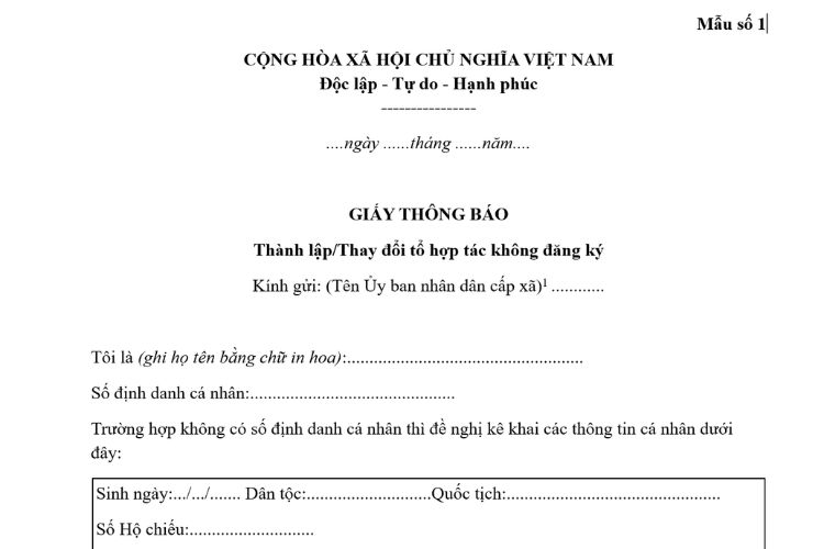 Mẫu Giấy thông báo thành lập/thay đổi tổ hợp tác không đăng ký