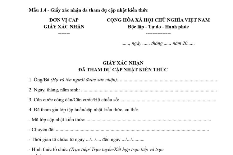 Mẫu Giấy xác nhận đã tham dự cập nhật kiến thức 2 Mẫu Giấy xác nhận đã tham dự cập nhật kiến thức