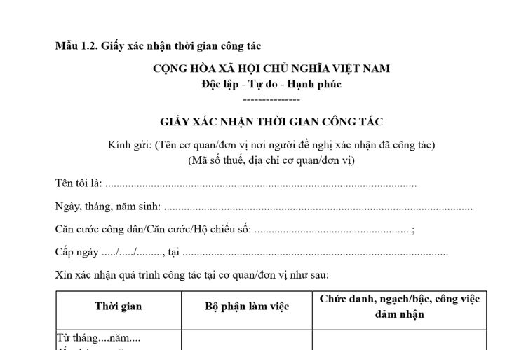 Mẫu Giấy xác nhận thời gian công tác