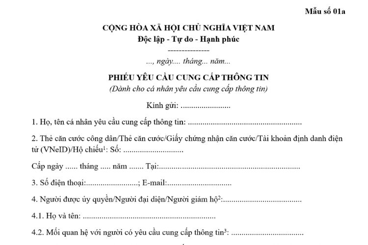 Mẫu Phiếu yêu cầu cung cấp thông tin của cá nhân có yêu cầu cung cấp thông tin