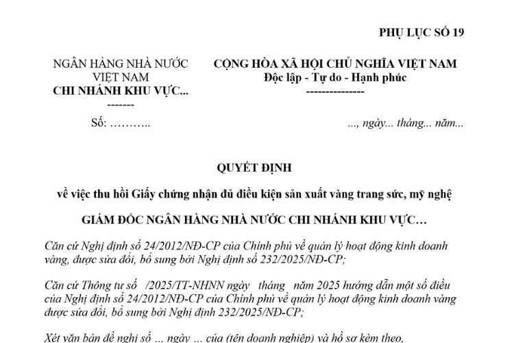 Mẫu Quyết định về việc thu hồi giấy chứng nhận đủ điều kiện sản xuất vàng trang sức, mỹ nghệ