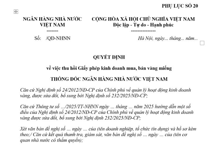 Mẫu Quyết định về việc thu hồi giấy phép kinh doanh mua, bán vàng miếng 2 Mẫu Quyết định về việc thu hồi giấy phép kinh doanh mua, bán vàng miếng