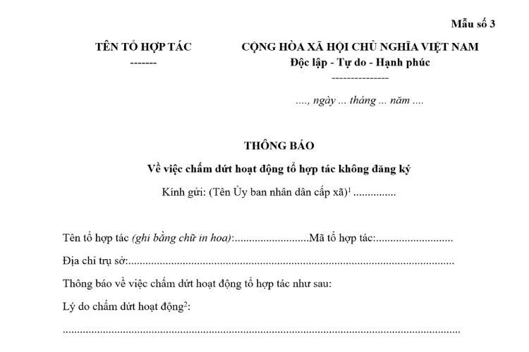 Mẫu Thông báo về việc chấm dứt hoạt động tổ hợp tác không đăng ký