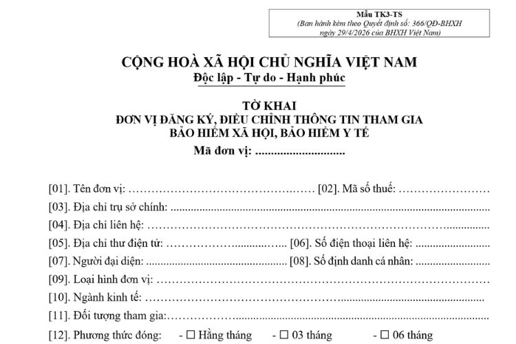 Mẫu TK3-TS | Tờ khai đơn vị đăng ký, điều chỉnh thông tin tham gia bảo hiểm xã hội, bảo hiểm y tế 2 Mẫu TK3-TS | Tờ khai đơn vị đăng ký, điều chỉnh thông tin tham gia bảo hiểm xã hội, bảo hiểm y tế