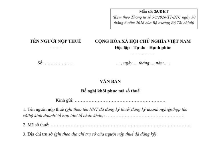 Mẫu Văn bản đề nghị khôi phục mã số thuế (Mẫu số: 25/ĐKT)