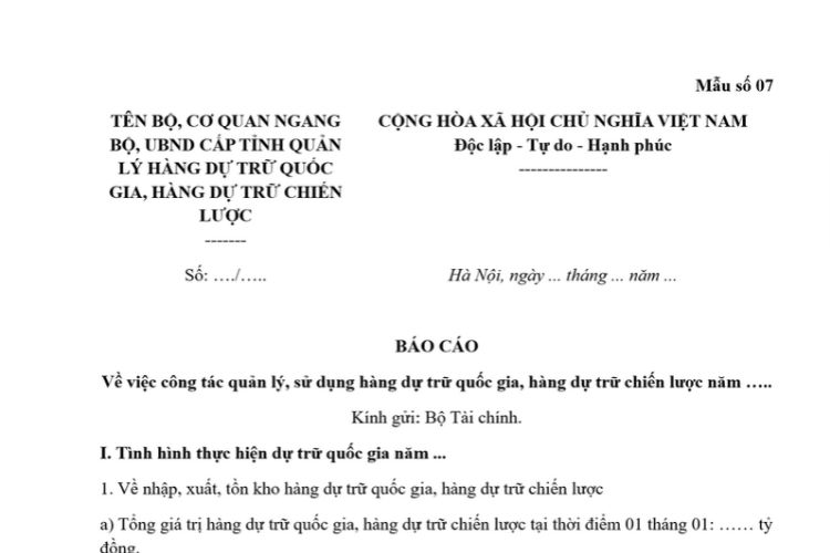 Mẫu Báo cáo công tác quản lý, sử dụng hàng dự trữ quốc gia, hàng dự trữ chiến lược