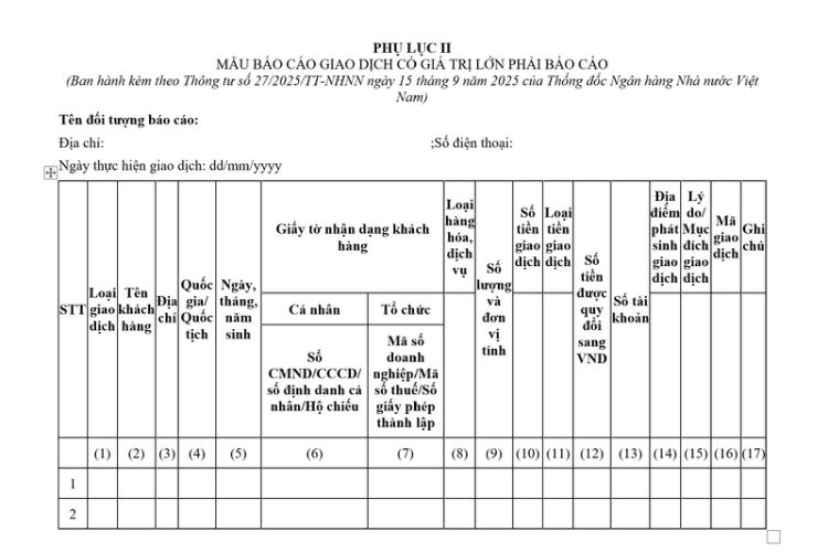Mẫu Báo cáo giao dịch có giá trị lớn phải báo cáo 2 Mẫu Báo cáo giao dịch có giá trị lớn phải báo cáo