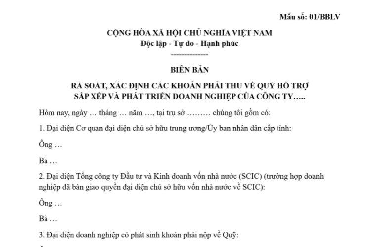 Mẫu Biên bản rà soát, xác định các khoản phải thu về quỹ hỗ trợ sắp xếp và phát triển doanh nghiệp của công ty 2 Mẫu Biên bản rà soát, xác định các khoản phải thu về quỹ hỗ trợ sắp xếp và phát triển doanh nghiệp của công ty
