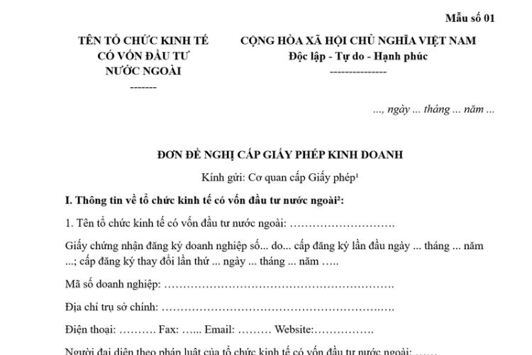 Mẫu Đơn đề nghị cấp Giấy phép kinh doanh