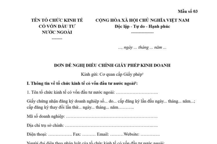 Mẫu Đơn đề nghị điều chỉnh Giấy phép kinh doanh
