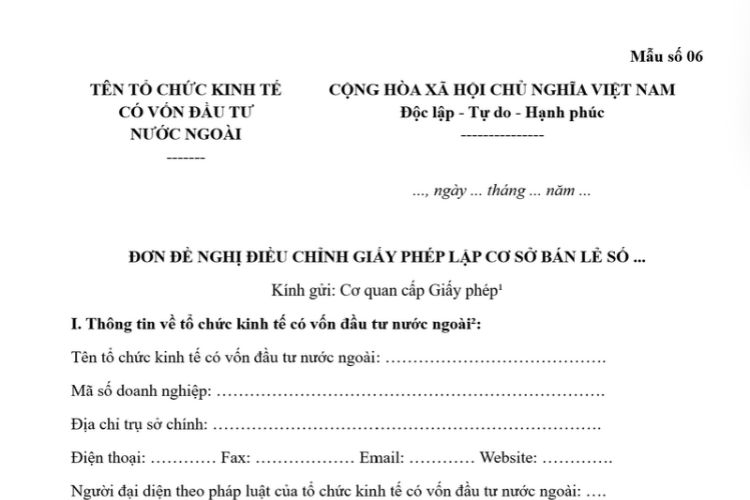 Mẫu Đơn đề nghị điều chỉnh Giấy phép lập cơ sở bán lẻ 2 Mẫu Đơn đề nghị điều chỉnh Giấy phép lập cơ sở bán lẻ