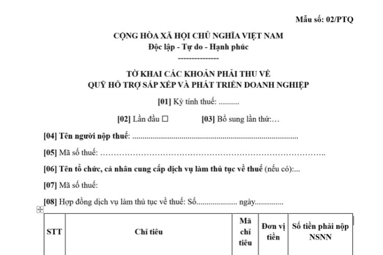 Mẫu Tờ khai các khoản phải thu về quỹ hỗ trợ sắp xếp và phát triển doanh nghiệp