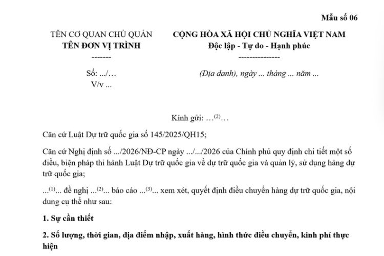 Mẫu Văn bản đề nghị điều chuyển nội bộ hàng dự trữ quốc gia