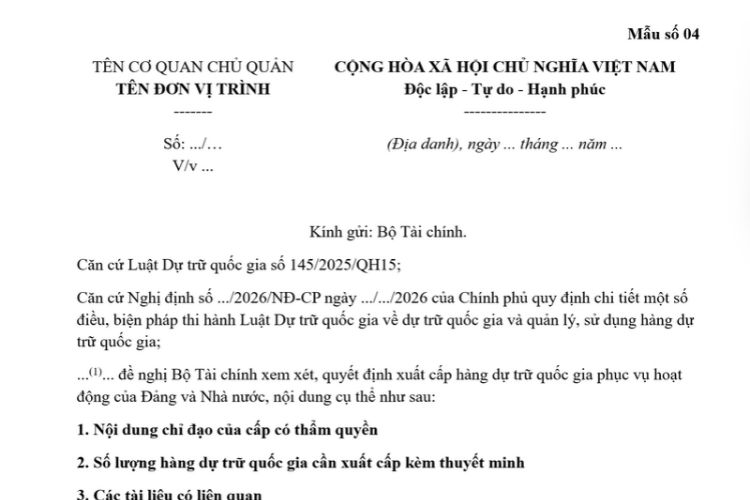 Mẫu Văn bản đề nghị xuất cấp hàng dự trữ quốc gia phục vụ hoạt động của Đảng và Nhà nước 2 Mẫu Văn bản đề nghị xuất cấp hàng dự trữ quốc gia phục vụ hoạt động của Đảng và Nhà nước