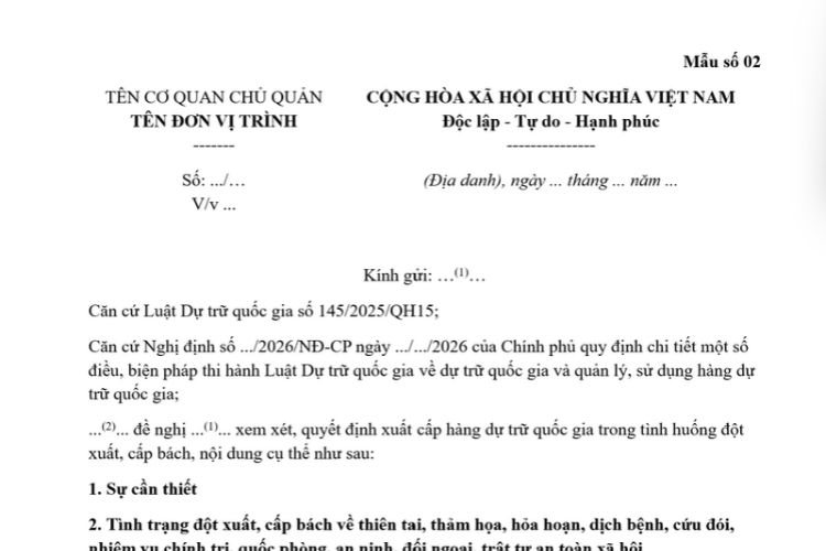 Mẫu Văn bản đề nghị xuất cấp hàng dự trữ quốc gia trong tình huống đột xuất, cấp bách 2 Mẫu Văn bản đề nghị xuất cấp hàng dự trữ quốc gia trong tình huống đột xuất, cấp bách