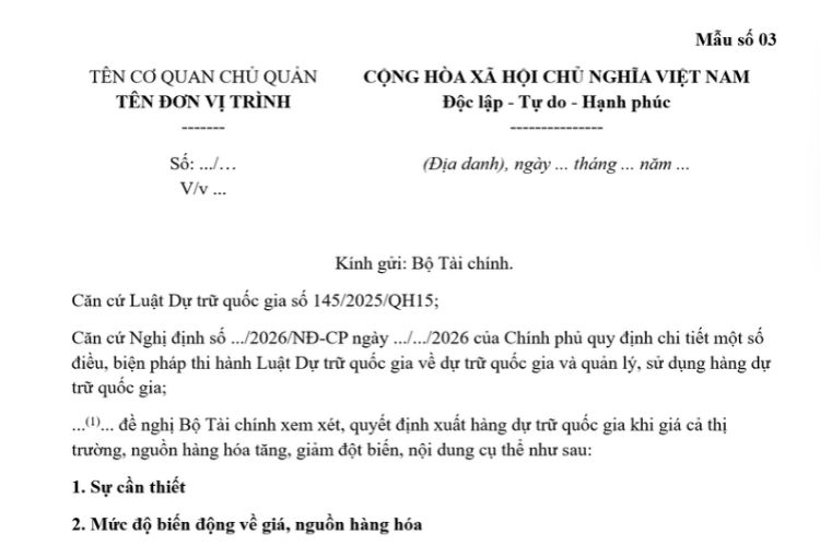 Mẫu Văn bản đề nghị xuất hàng dự trữ quốc gia khi giá cả thị trường, nguồn hàng hóa tăng, giảm đột biến